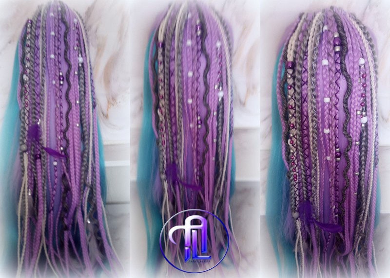 Ponytail Hair Fall Extensions Purple Grey White Elements Accents Feathers synthetic box braids hair scrunchie clip in Clip on Braids