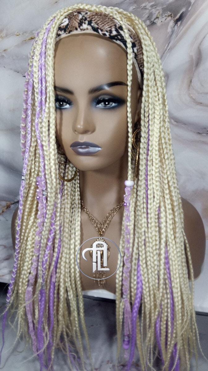 Headband Wig Blonde 613 Platinum Purple Lavendar Box Braids Gypsy Bohemian Boho Box Braids Long Straight Plaits Braided Wig Viking
