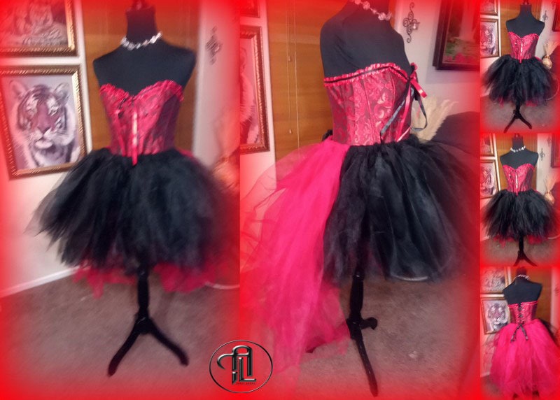 Red Black Dress Tulle Mesh Skirt Corset Outfit Hi Low Layered Skirt Prom Anniversary Sweet16 Sexy Bodycon Costume Adult Birthday Party Dress