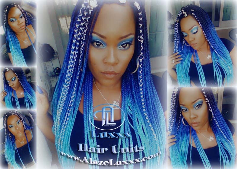 Blue Black Braid Wig Lace Closure Ombre Blue Mermaid Hair Box Braids Wig Multi Color Blue Ombre Box