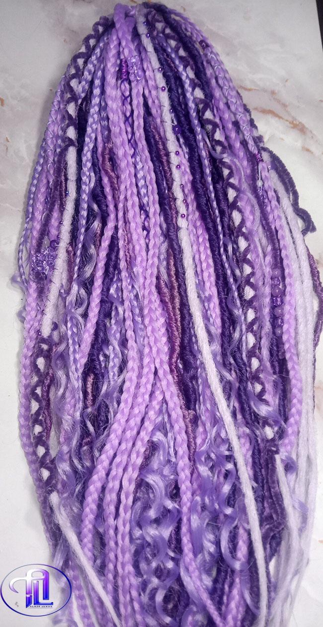 Claw Clip Drawstring Braids Dreads Ponytail Extension Viking Renaissance Purple Lavender Accents Feathers synthetic clipin Butterfly
