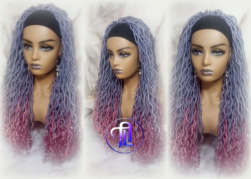 Headband Wig Unicorn Ombre Goddess Boho Locs Purple Pink Faux Locs Crochet Synthetic Dread Curly Ends Braided Hair Fall