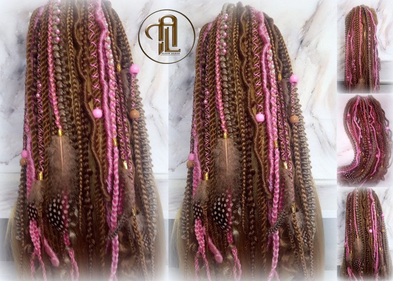 Ponytail Hair Fall Extensions Honey Blonde Pink Ombre Elements Accents Feathers synthetic box braids hair scrunchie clip in Clip on Braids