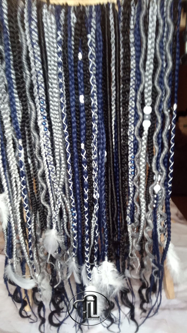 Blue Black Silver Boho Single Ended SE 100 Piece Braids Plaits Twist Soft Crochet Boho Dread Braid Hair Wraps Extensions SE Dread Cuffs Ring
