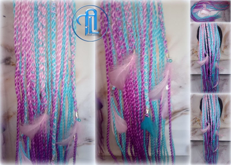 Ponytail Hair Fall Extensions Pink Ombre Purple Blue Elements Accents Feathers senegalese twist braids hair scrunchie gender reveal