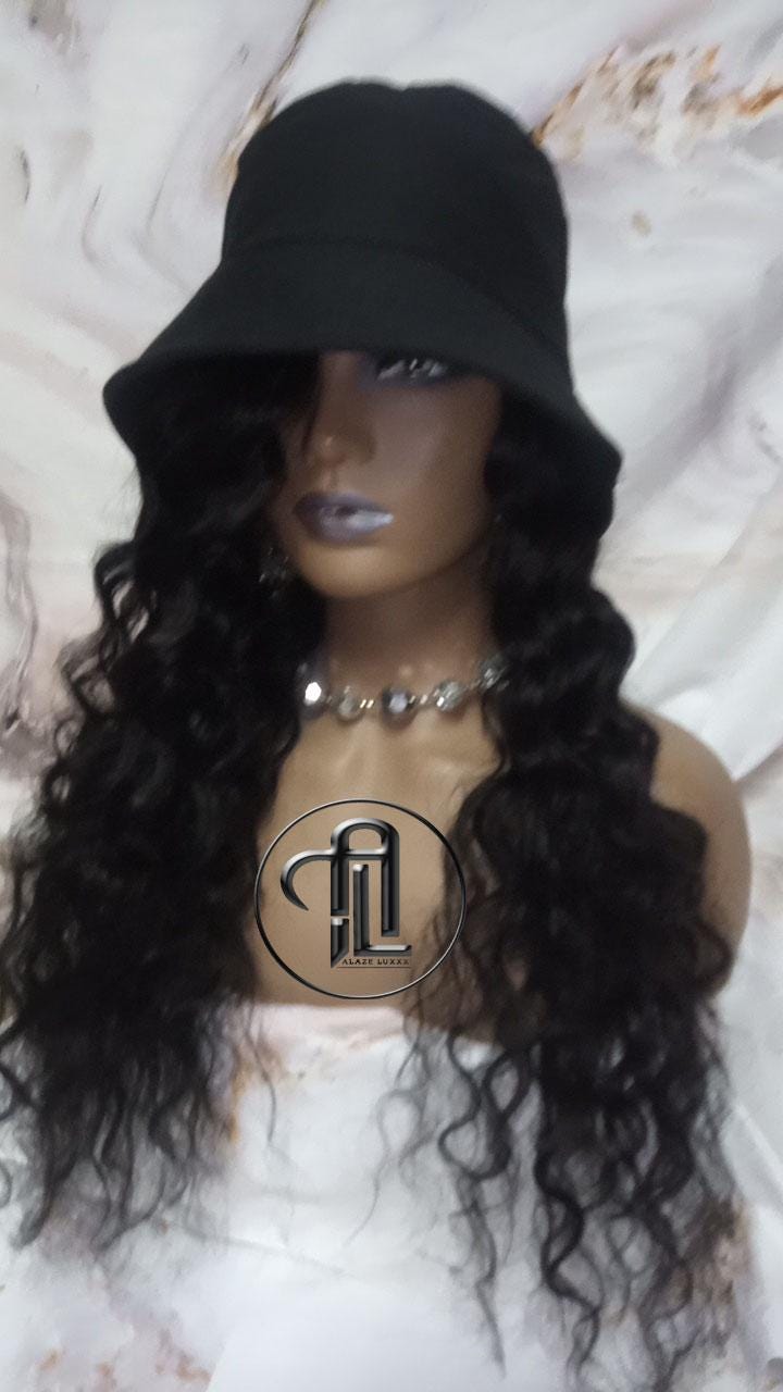 Bucket Hat Deep Wave Human Hair Black Wavy Hair Alopecia Chemo Hair Thinning Fisherman Hat Long Human Hair protective style Easy to wear