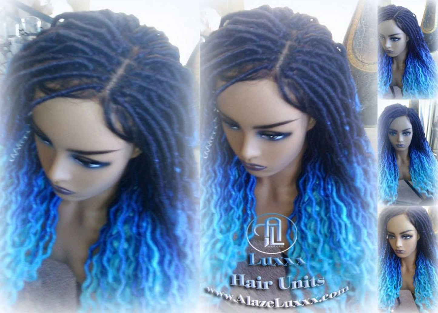 Blue Ombre Goddess Faux Locs Lace Closure w Baby Hairs Faux Loc Wig 4x4 Wig Mermaid curly long rainbow boho bohemian braids wig