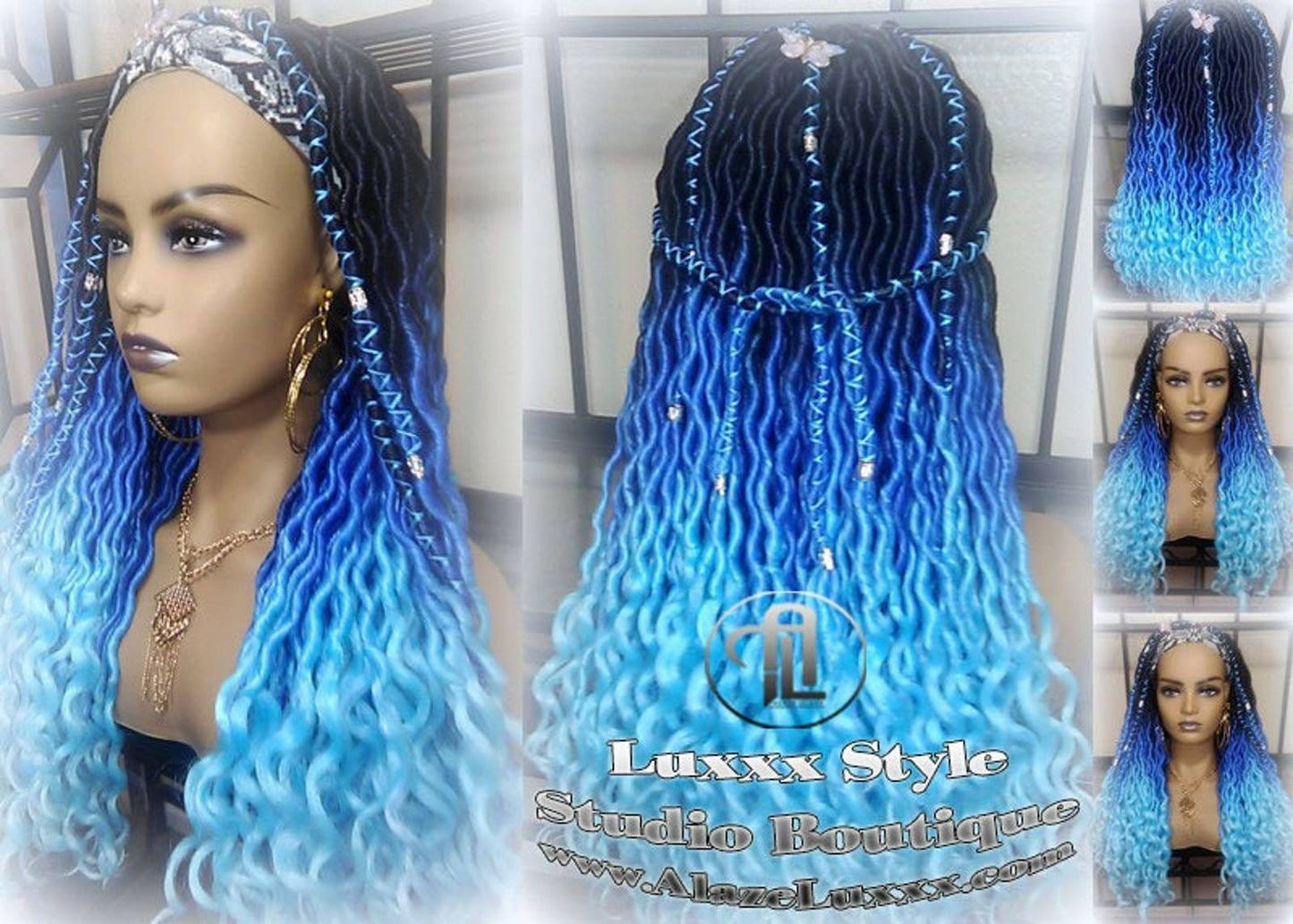 Headband Wig Blue Ombre Gradient Goddess Faux Locs Dreadlock Wig Mermaid curly long winter summer braids wig Blue Rainbow Wig Drag Queen Wig