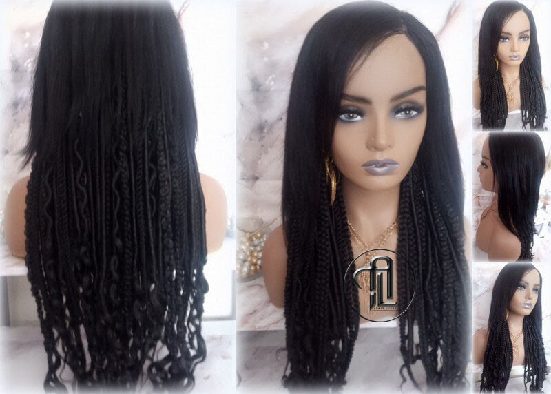 Full Wig with 4x4 Lace Closure Black Braids Dreads Mix Boho Partial Dread Braid Goth Witchy Rave Hair