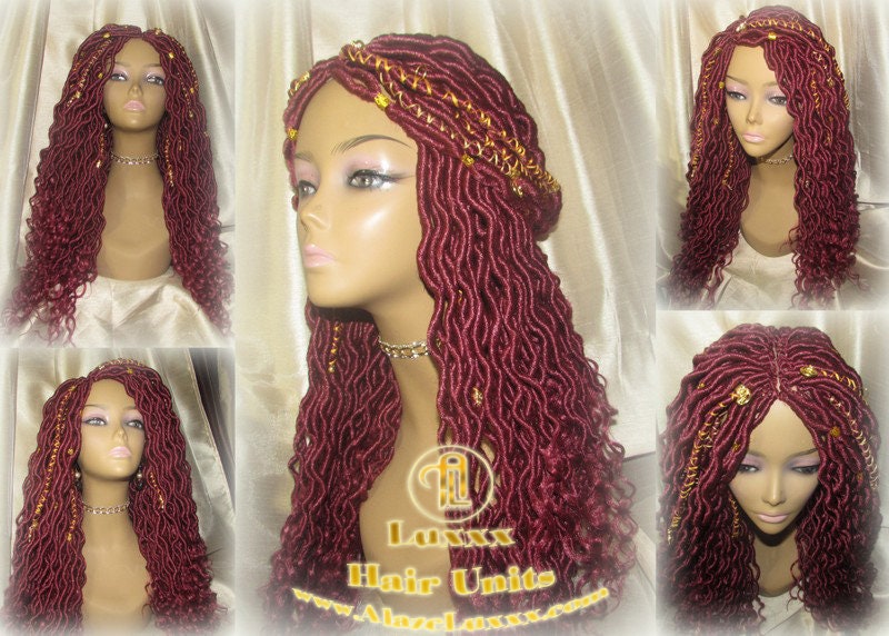 Braided Wig Rich Red Burgundy Gold Goddess Faux Loc Alopecia Hair Thinning Cancer Wigs Protective Box Braid Kinky Twist Crochet Braided Wig