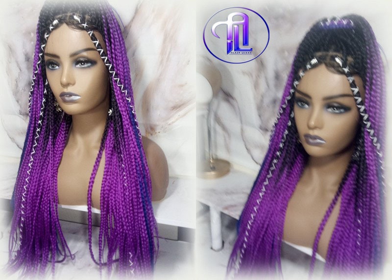 Box Braids Ombre Black Purple Blue Mermaid Gradient Braid Wig 24 Inch Long Synthetic Braiding Hair Extension