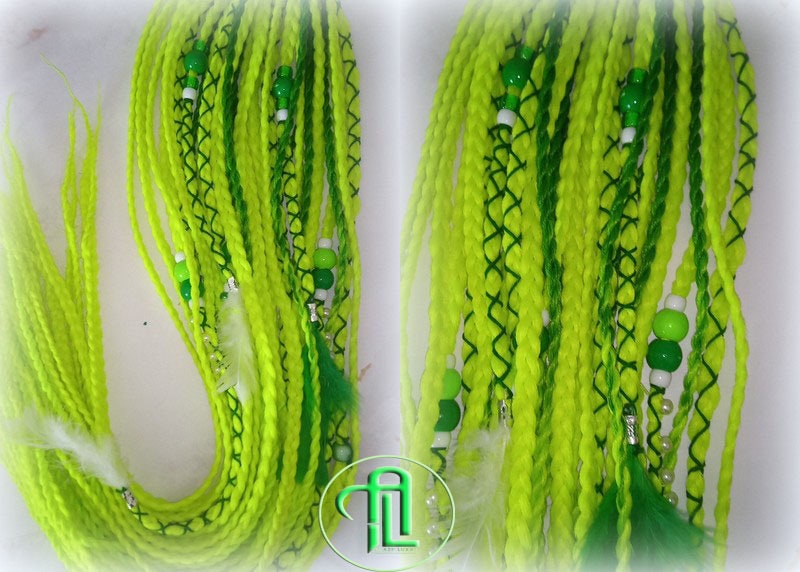 Ponytail Hair Fall Extensions Green Florescent Ombre Elements Accents Feathers synthetic box braids hair scrunchie clip in Clip on Braids