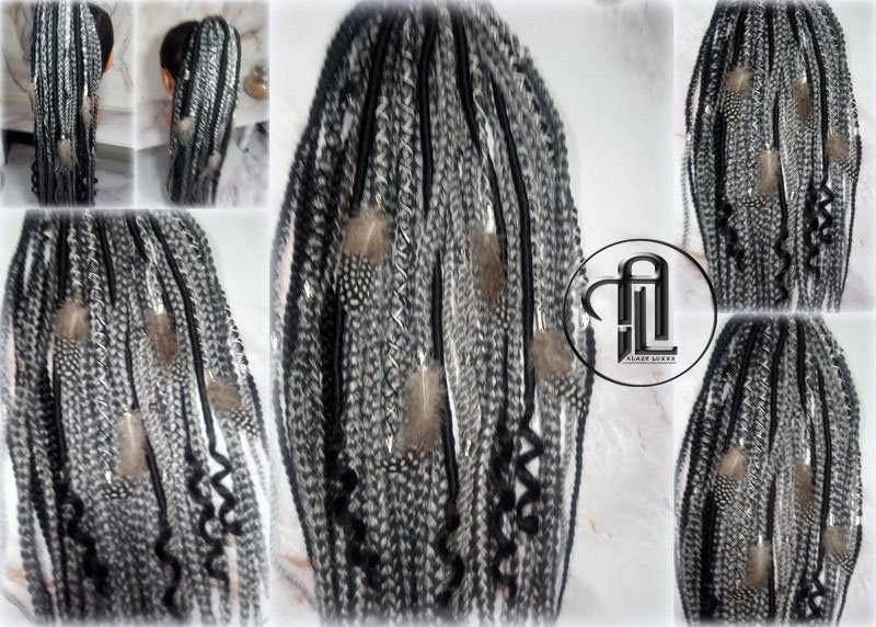 Viking Ponytail Hair Fall Extensions Black Silver Grey Elements Accents Feathers Jungle box braids hair scrunchie Butterfly