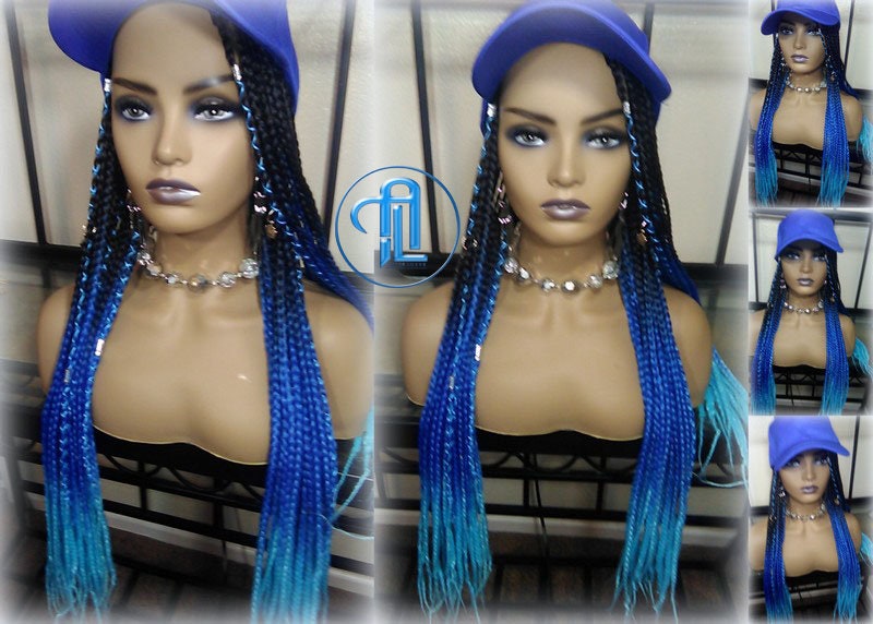 Blue Ombre Box Braid Hat Wig Gym Hat Baseball Cap Braided Hat Wig Women’s Hair Summer Hat Winter Hat Hair Cap Wig Hat Chemo Hat Alopecia
