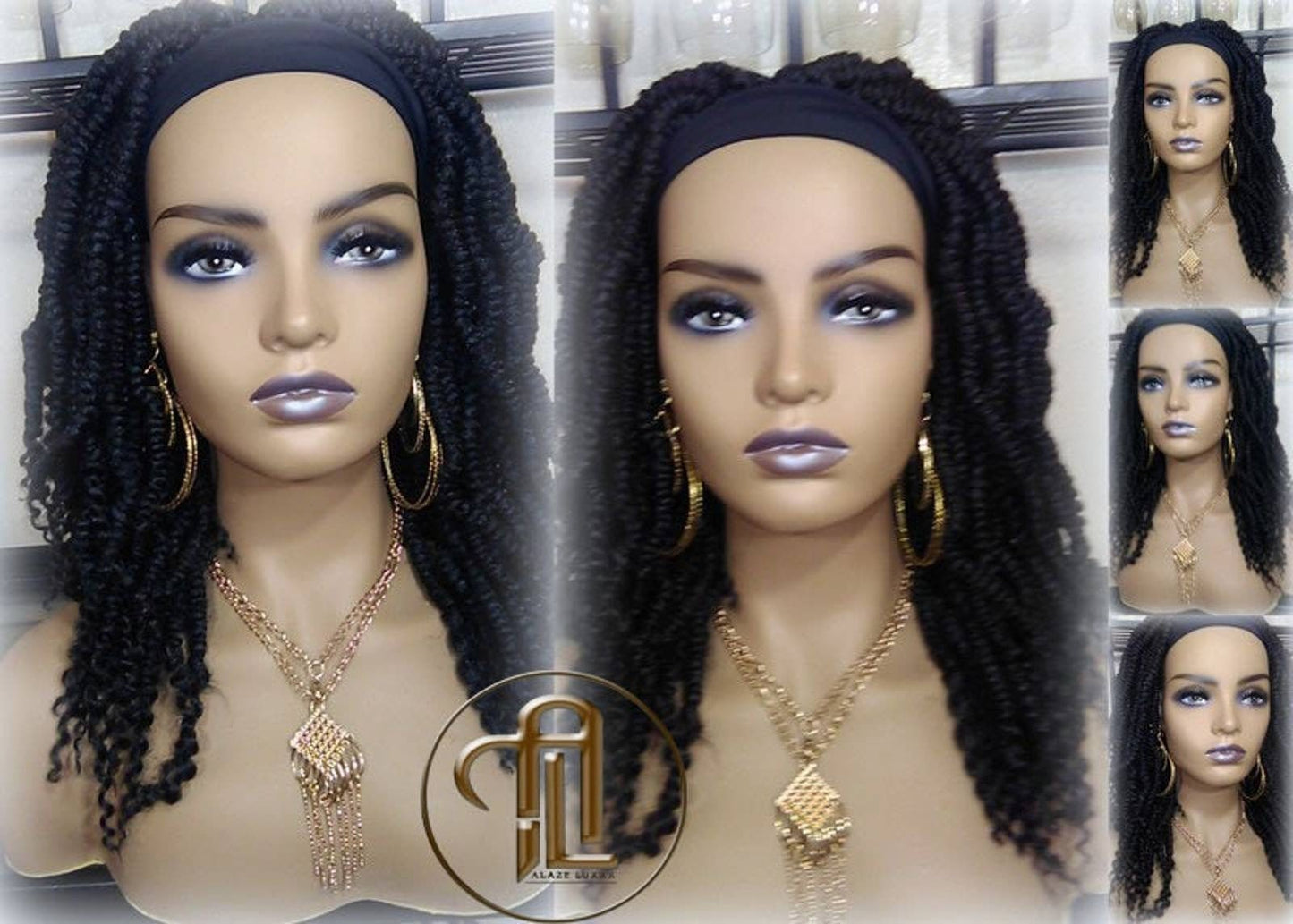 Headband Wig 14in' Passion Twist Short Black 1B Mini Small Fluffy Irregular Bomb Spring Kinky Bohemian Boho Water Wave Hair twist hair