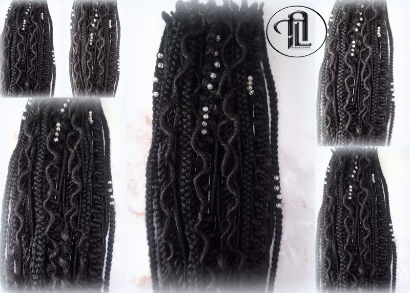 Black Single Ended SE 75 Piece Set Kit Goth Mixed Soft Witch Boho Dread Braid Hair Wraps Extensions Textured Natural Realistic