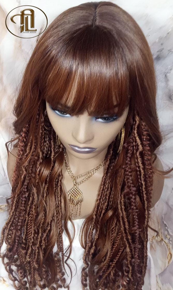 Full Wig Dread Braid Bangs Twist Soft Crochet Boho Synthetic Dread Braid Bohemian Dark Root Ombre Brown Long Wavy Curly Textured Dreads