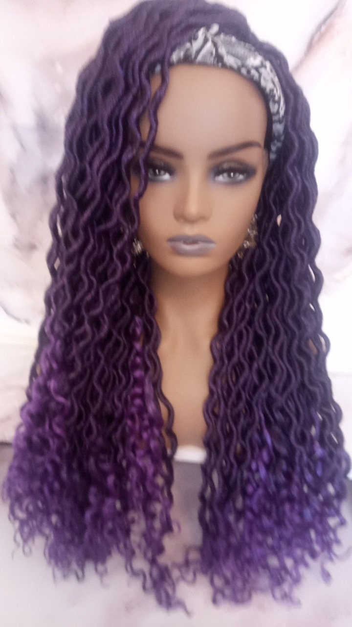 Headband Wig Viking Ombre Goddess Boho Locs Black Purple Faux Locs Crochet Synthetic Dread Curly Ends Braided Hair Fall