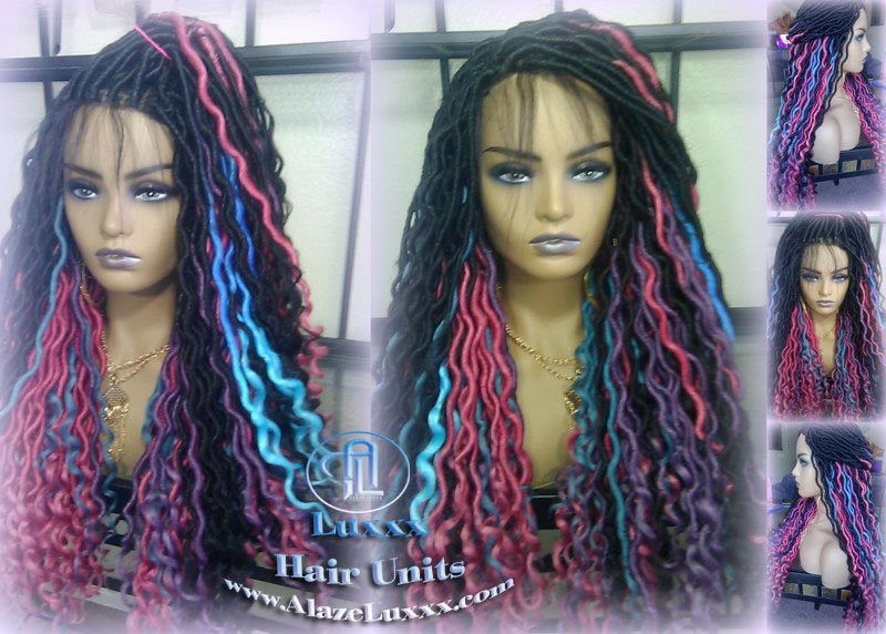 Blue Pink Purple Teal Ombre Goddess Faux Locs Lace Closure w Baby Hairs Faux Loc Wig 4x4 Wig Mermaid long rainbow boho bohemian braids wig