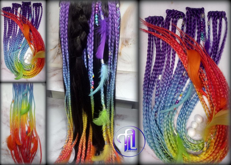 Rainbow Ombre Clip in Braid Long 24 in Boho Feathers Elements Extensions Rainbow Ombre Pink Box braiding Rave Festival LGBTQ Pride