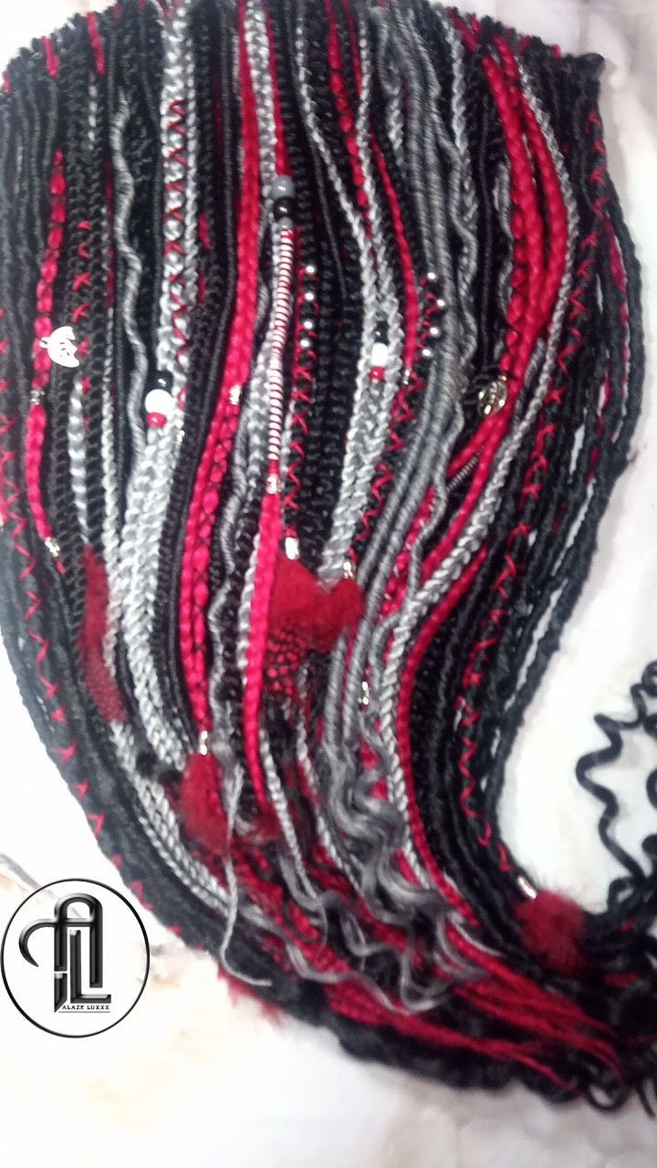Red Black Silver Single Ended SE Set Kit Soft Crochet Boho Dread Braid Hair Wrap Extensions Textured EDC EDM Hair Outfit Single Loop Dread