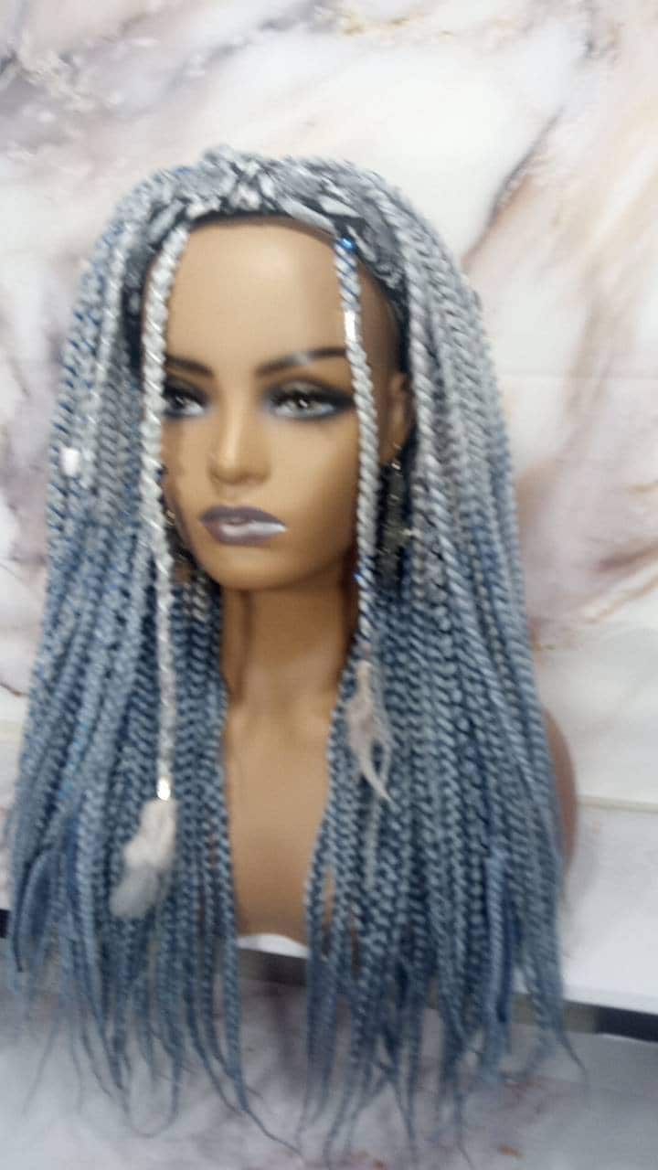 Viking Headband Wig Silver Blue Goddess Faux Dread Locs Gypsy Boho Silver Grey Gray Wig Unit Wavy Feathers Accent Renaissance Festival Hair