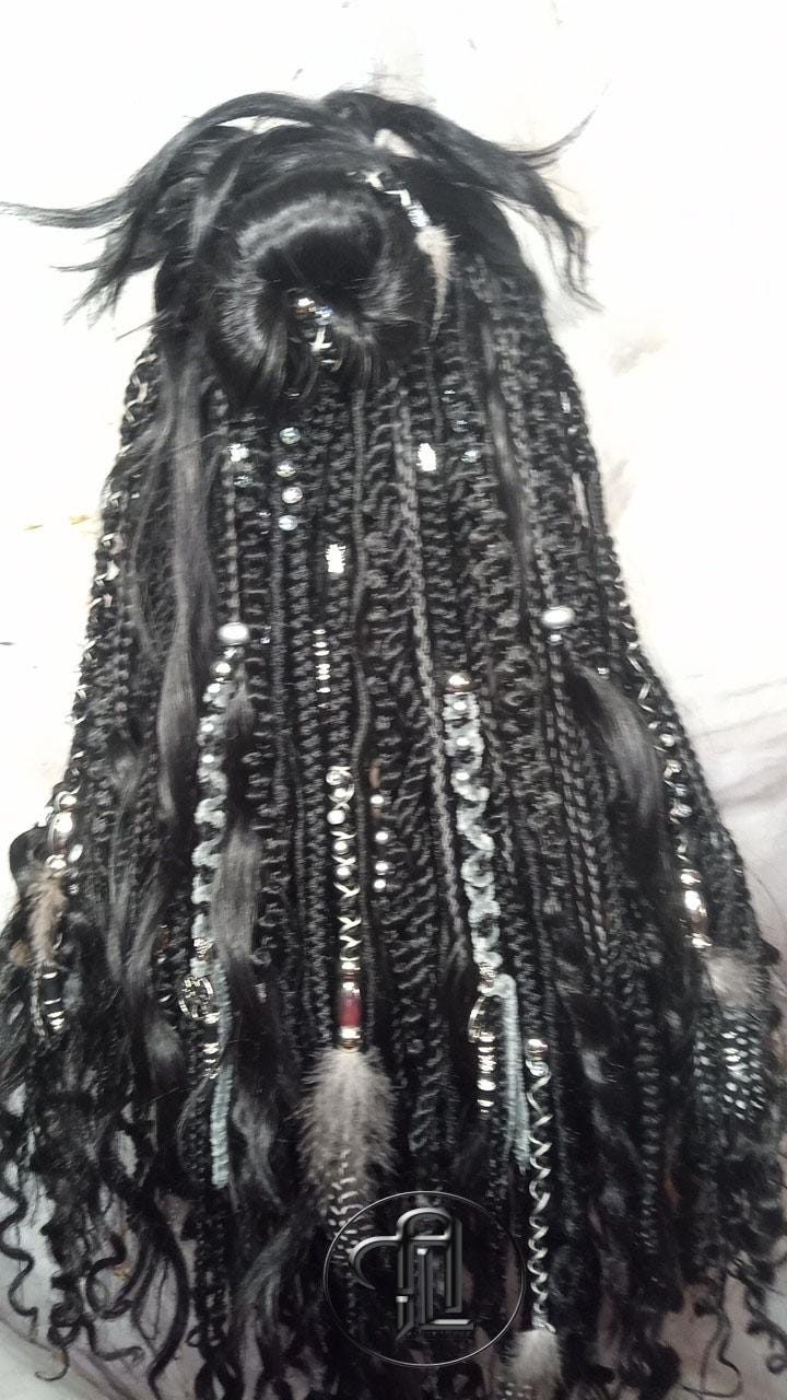 Black Full Wig Dread Braid Bangs Twist Soft Crochet Boho Synthetic Dread Braid Bohemian Black Long Wavy Curly Textured Dreads Silver Decor