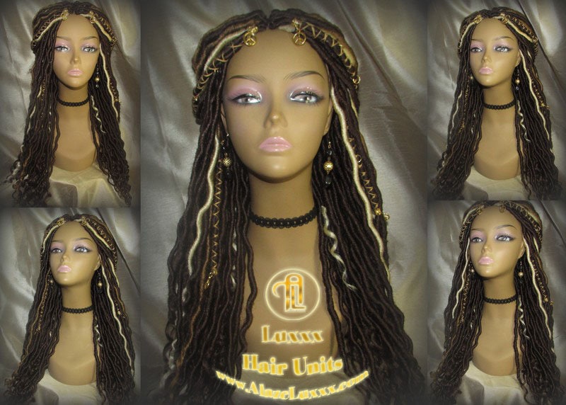 Long Wavy Goddess Faux Locs Honey Platinum Blonde 613 27 Brown Gypsy Bohemian Boho Dread DE SE Dred Lock Braided Wigs Festival Hair Distress