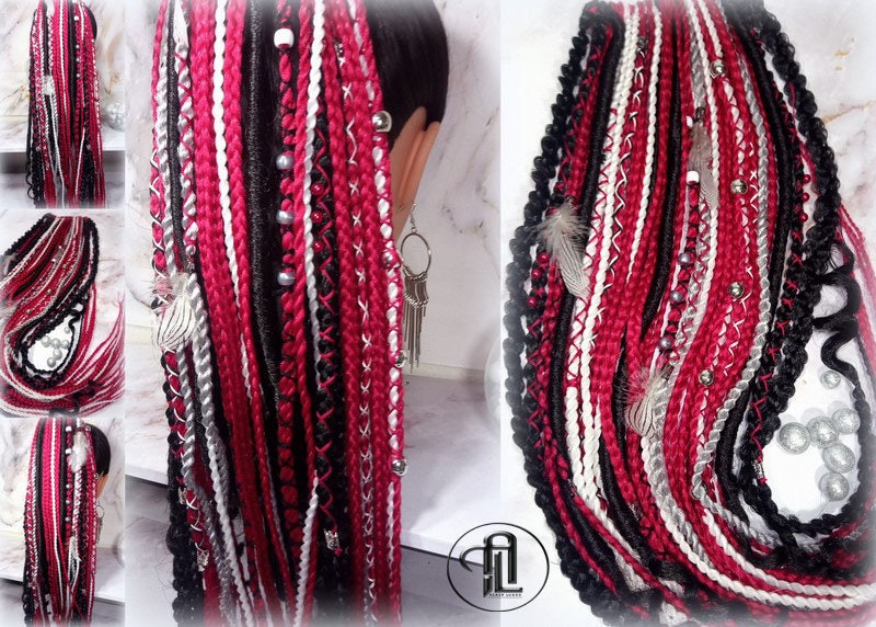Viking Ponytail Hair Fall Extensions Red Black Elements Accents Feathers Jungle box braids hair scrunchie Butterfly