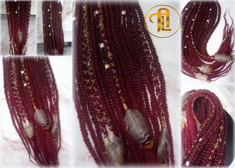 Viking Ponytail Hair Fall Extensions Ombre Black Red Burgundy Gold Elements Accents Feathers Jungle box braids hair scrunchie Butterfly