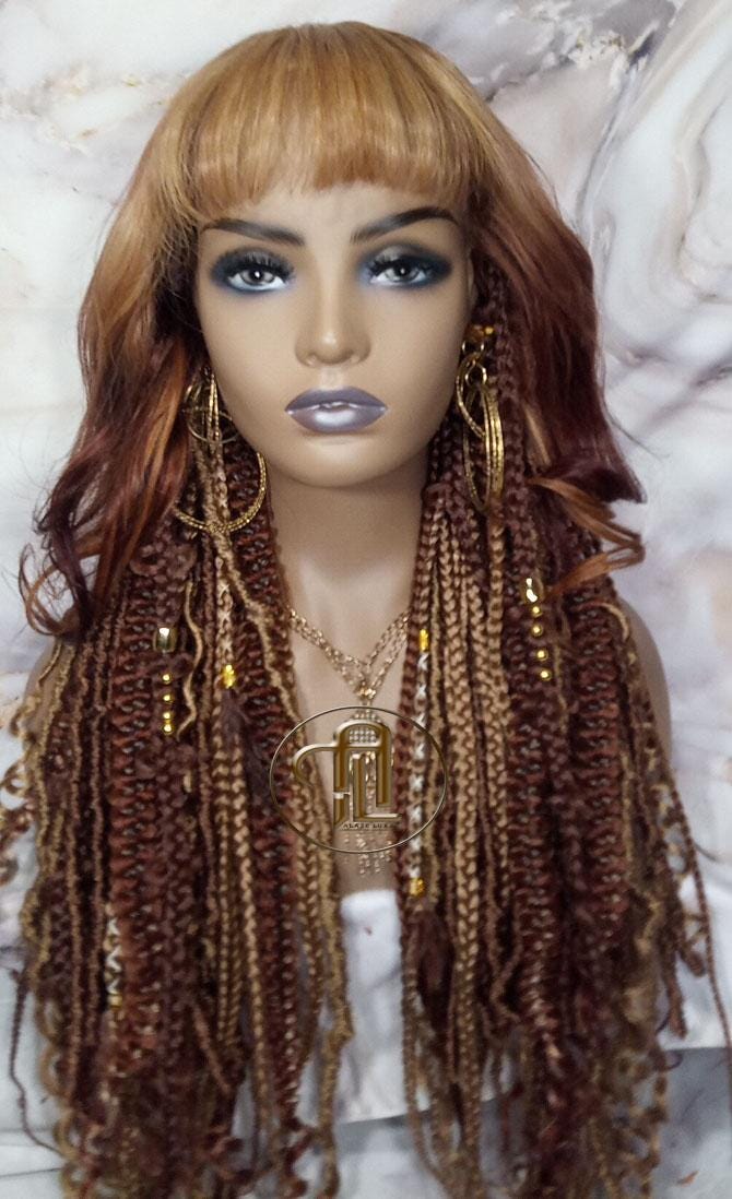Lace Frontal Human Hair Dread Braid Twist Boho Synthetic China Bang Bohemian Ombre Brown Blonde Long Wavy Curly Balayage Wig Viking Wig