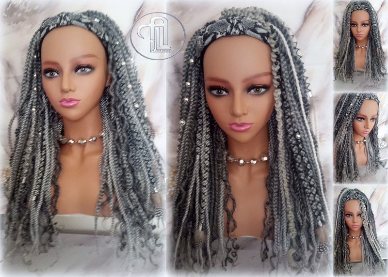 Headband Wig Silver Grey 44 51 Braids Dreads Mix Set Twist Soft Crochet Boho Dread Braid Set Bohemian extensions