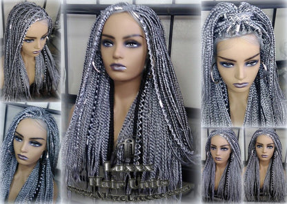 Box Braid 44 51 Wig Grey Gray Black 1b Silver Metallic Chrome Lace Baby Hair Storm Long Medium Straight Glueless! Braid Lace Wig
