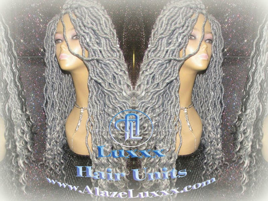 Storm Silver Grey Gray 44 51 Platinum Storm Gypsy Bohemian Boho Goddess Faux Dread Locs Wig Unit Wavy Dred  Ready to ship