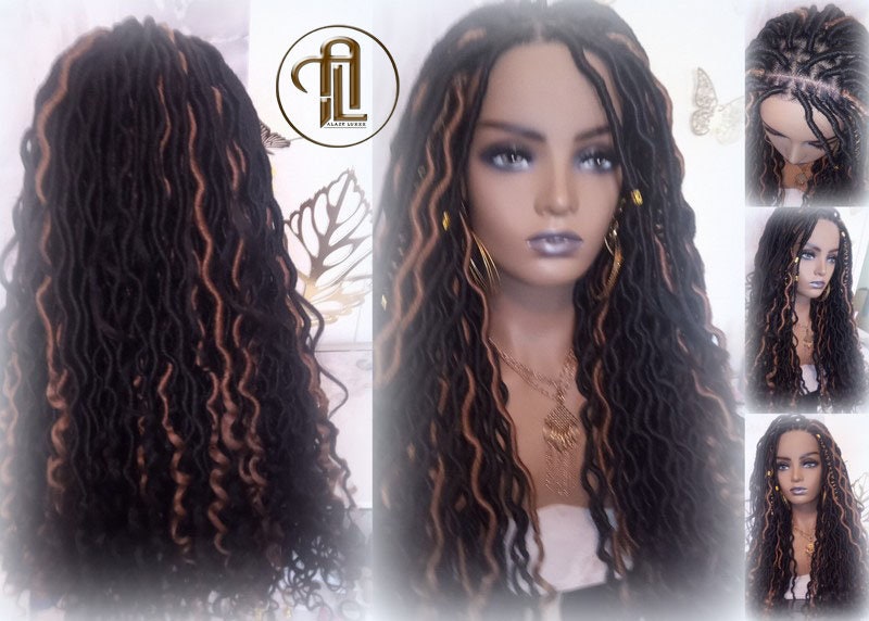 Bohemian Goddess Faux Loc Wig 4x4 Lace Closure No Baby Hairs Dread Wig Wavy Black Dreads Honey Blonde 27 Synthetic Nu Goth Marley Dred Lock