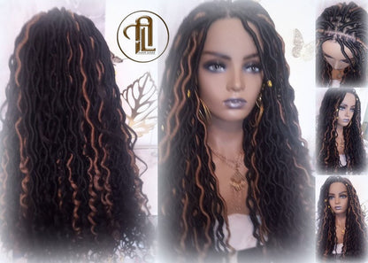 Bohemian Goddess Faux Loc Wig 4x4 Lace Closure No Baby Hairs Dread Wig Wavy Black Dreads Honey Blonde 27 Synthetic Nu Goth Marley Dred Lock
