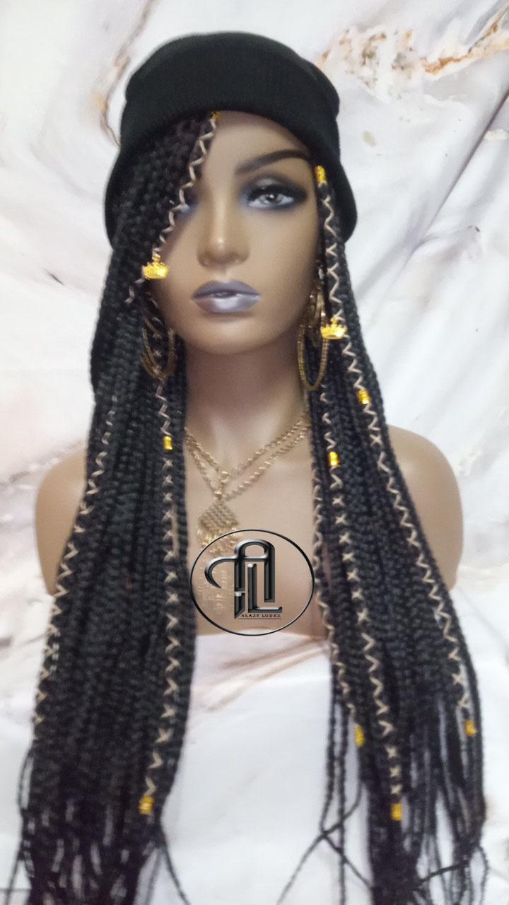 Beanie Hat Black Box Braid Boho Style Long Hat Beanie Braided Hat Winter fall fashion Cap Wig Hat Chemo Hat Alopecia Gold Accents Charms
