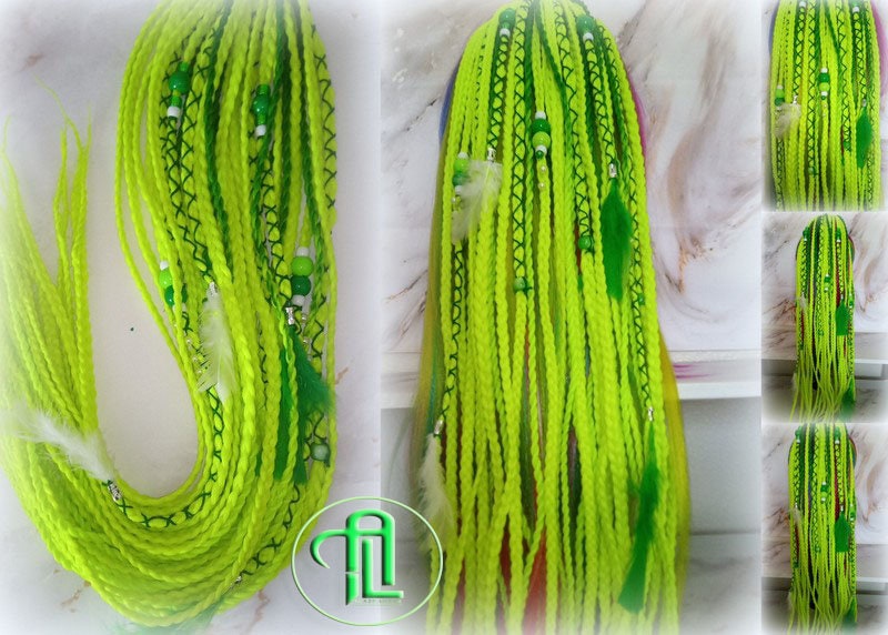 Ponytail Hair Fall Extensions Green Florescent Ombre Elements Accents Feathers synthetic box braids hair scrunchie clip in Clip on Braids