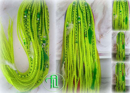 Ponytail Hair Fall Extensions Green Florescent Ombre Elements Accents Feathers synthetic box braids hair scrunchie clip in Clip on Braids