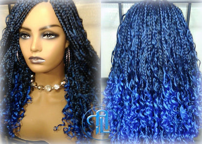 Blue Ombre Goddess Box Braids Mermaid curly long distressed bohemian braids Gradient Hair Short Curly 14/16in