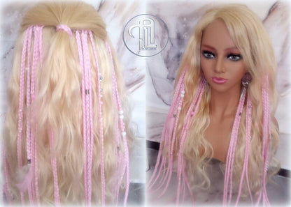 Clipin Light Pink Pastel Clip in Braid Long 24 in Boho Extensions Pink Ombre Purple Box braiding hair Rave Festival Feathers Elements