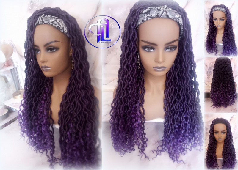 Headband Wig Viking Ombre Goddess Boho Locs  Black Purple Faux Locs Crochet Synthetic Dread Curly Ends Braided Hair Fall