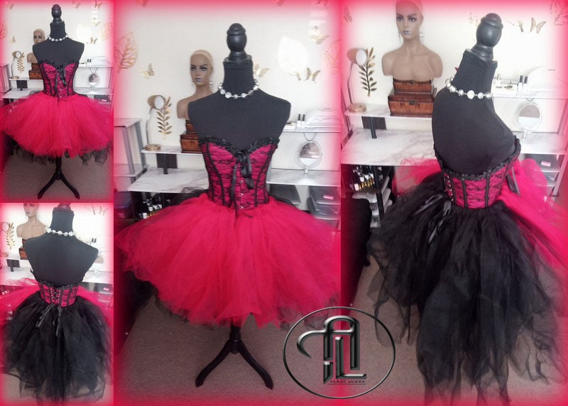 Halloween Costume Tulle Dress Skirt Corset Outfit Red Black Hi Low Skirt Harley Quinn Floral Brocade