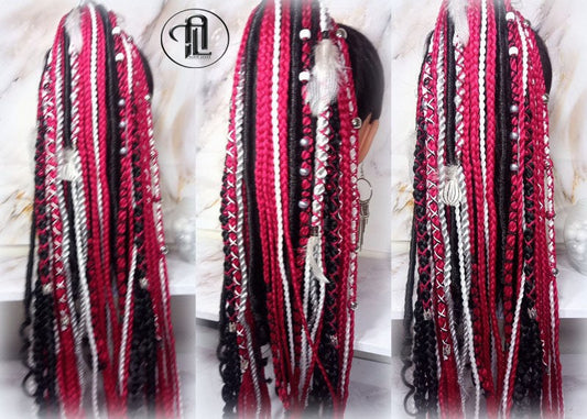 Viking Ponytail Hair Fall Extensions Red Black  Elements Accents Feathers Jungle box braids hair scrunchie Butterfly