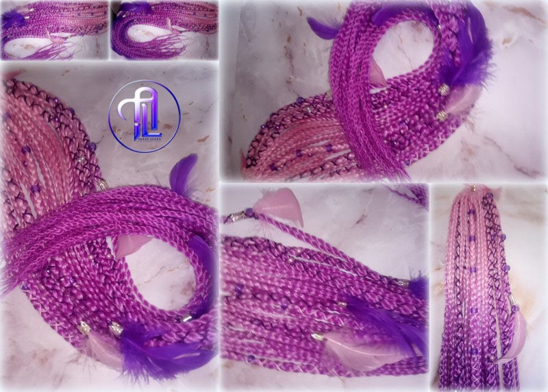 Ponytail Hair Fall Extensions Pink Ombre Purple Elements Accents Feathers synthetic box braids hair scrunchie clip in Clip on Braids