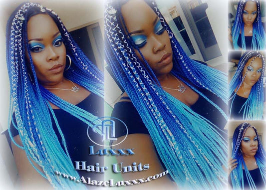 Blue Black Braid Wig Lace Closure Ombre Blue Mermaid Hair Box Braids Wig Multi Color  Blue  Ombre Box