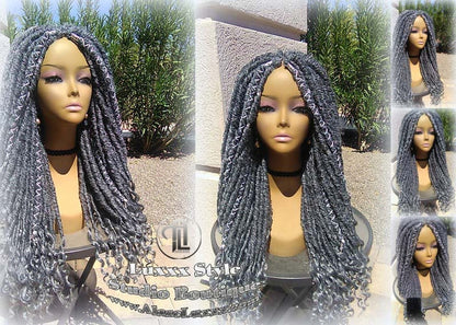 Big Large Fluffy  Storm Silver Grey Gray 44 51 Platinum Metallic Chrome Hair Gypsy Bohemian Boho Goddess Faux Dread Locs Wig Ready to ship