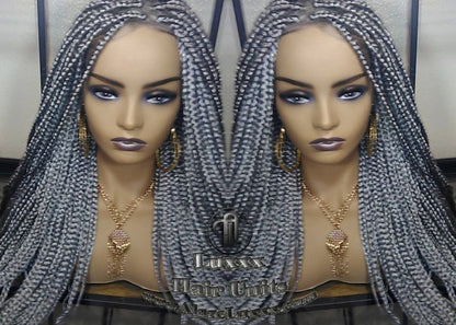 Box Braid 44 51 Wig Grey Gray Silver Lace Baby Hair Storm Long Medium Straight Glueless! Braid Lace Wig Pre Stretched Braiding Hair