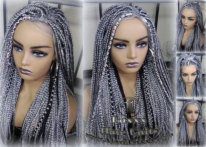 Box Braid 44 51 Wig Grey Gray Black 1b Silver Metallic Chrome Lace Baby Hair Storm Long Medium Straight Glueless! Braid Lace Wig