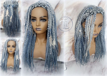 Viking Headband Wig Silver Blue Goddess Faux Dread Locs Gypsy Boho Silver Grey Gray  Wig Unit Wavy Feathers Accent Renaissance Festival Hair